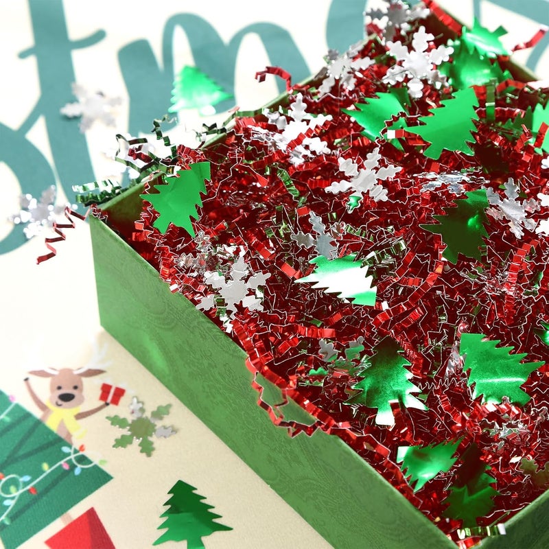 PAPER FAIR 1LB Metallic Red Green Christmas Crinkle Cut Paper Shred Filler w/Tree & Snowflake Confetti, Gift Wrap Packaging Raffia Tissue Strand, Craft Bedding Cushion, Winter Birthday Box Basket - Image 3